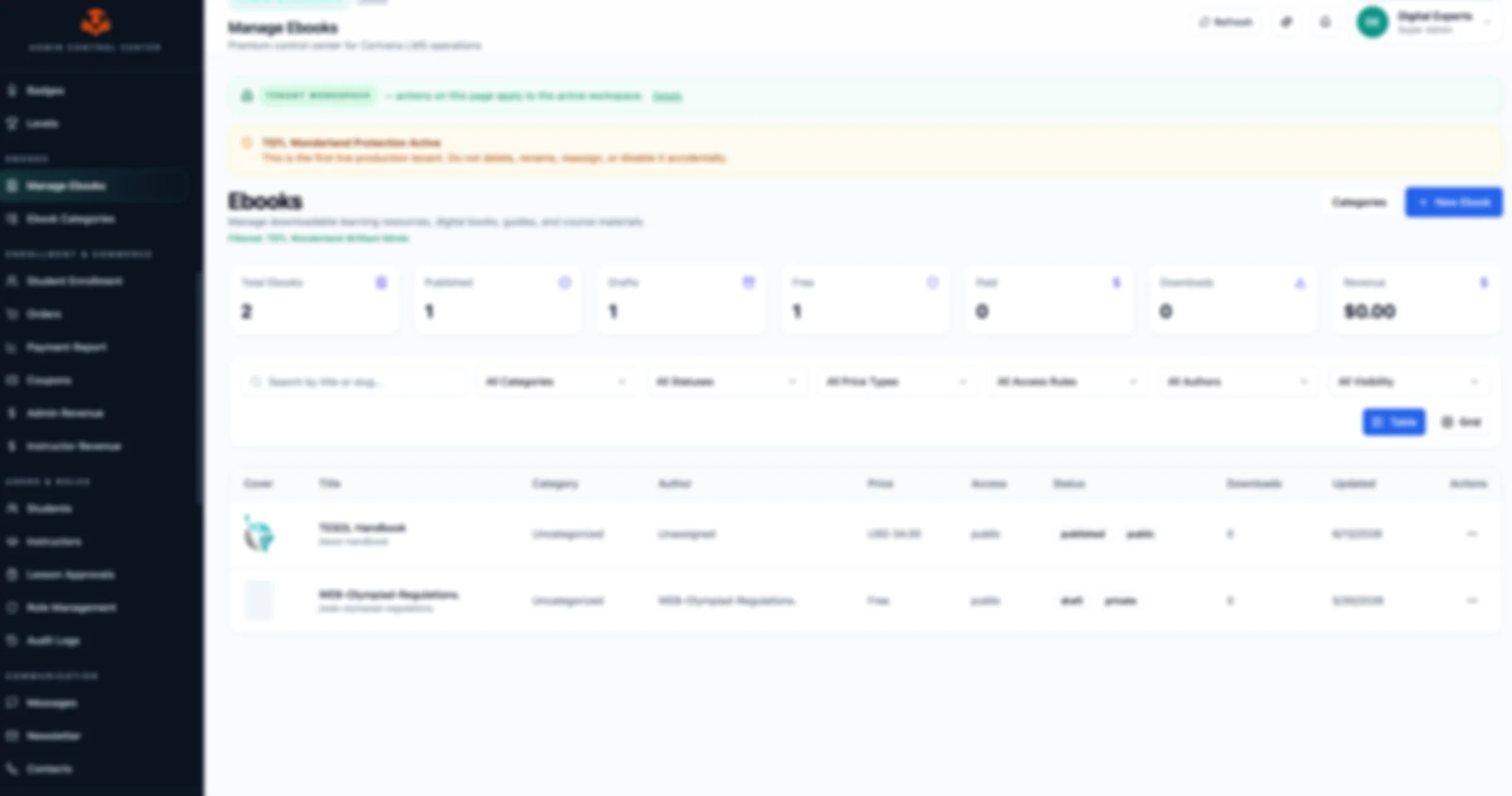 Certvera Build interface showing Published course controls, Lessons and enrollment, Pricing visibility, Course actions